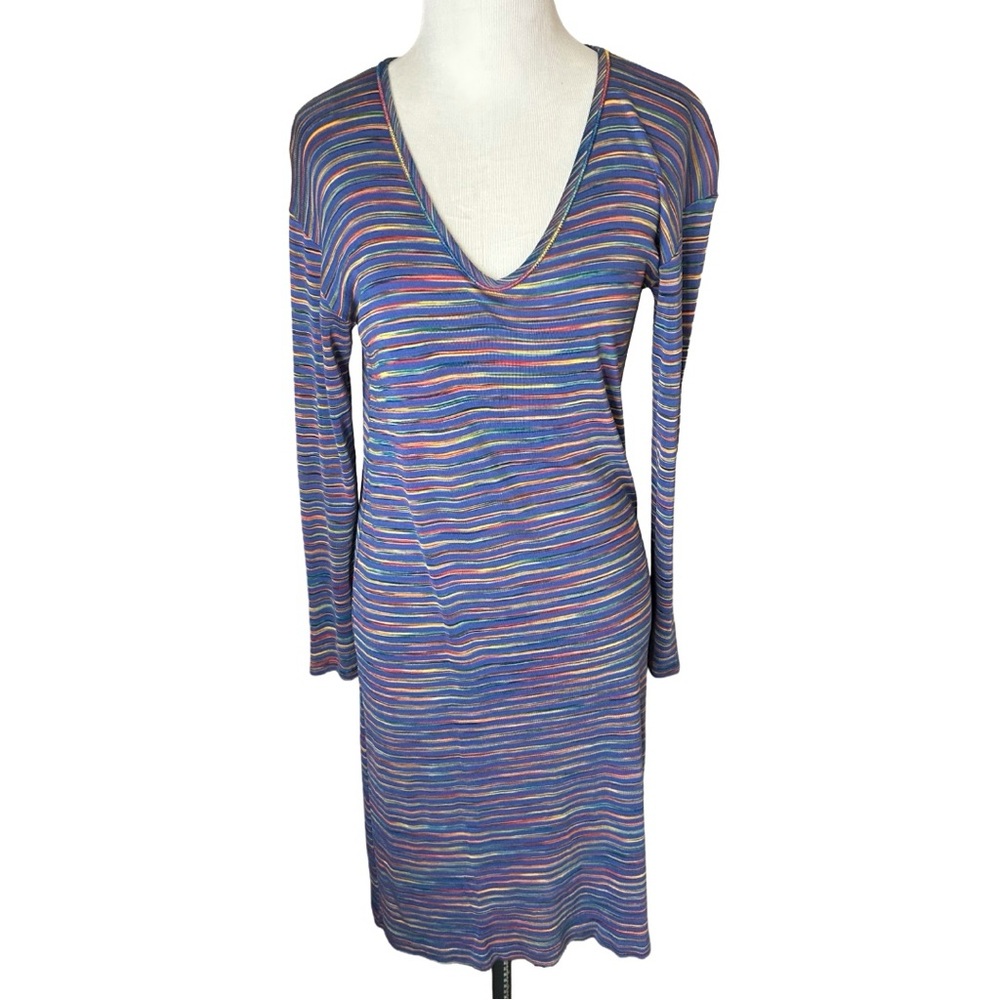 Vintage Missoni blue and rainbow stripe knit dress